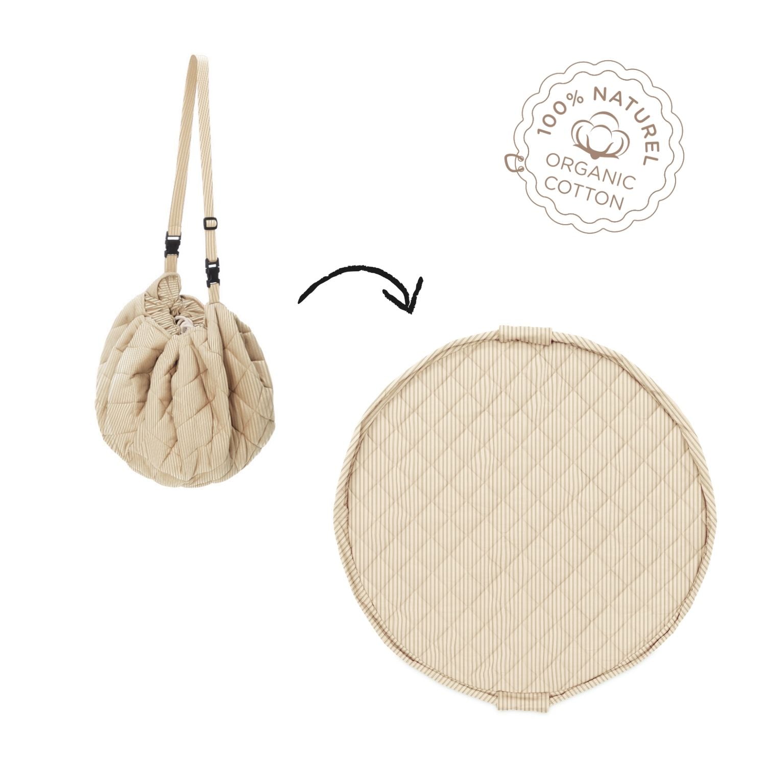 detail of soft organic stripes brown babymat, from bag to mat, label organic cotton