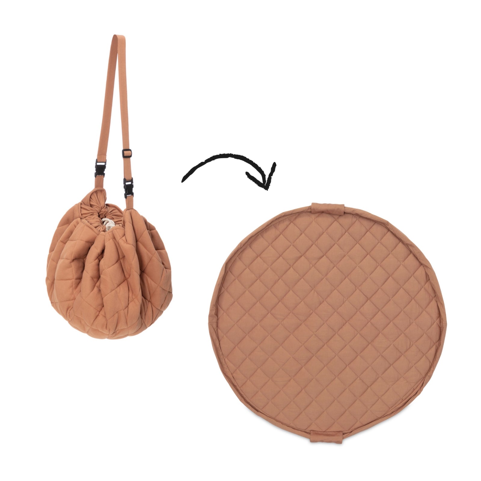 detail of tawny brown organic babymat, from bag to mat