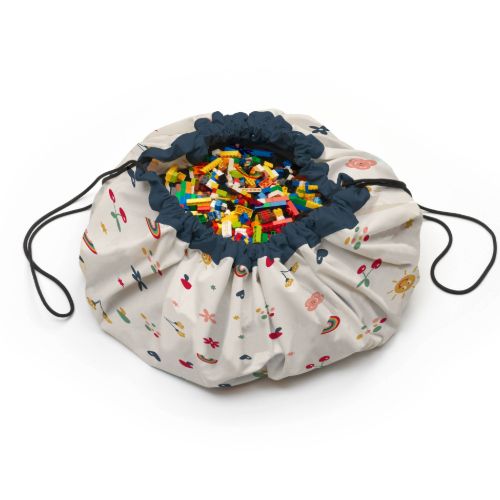 funny days toy storage bag and playmat, closed bag filled with lego