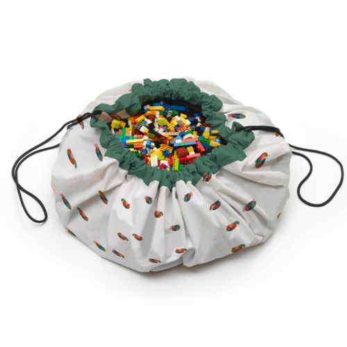 snail toy storage bag and playmat, closed bag filled with lego