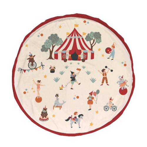 circus toy storage bag and playmat, open, front side