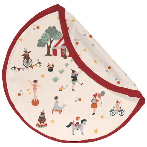 circus toy storage bag and playmat, open mat with folded piece, front side
