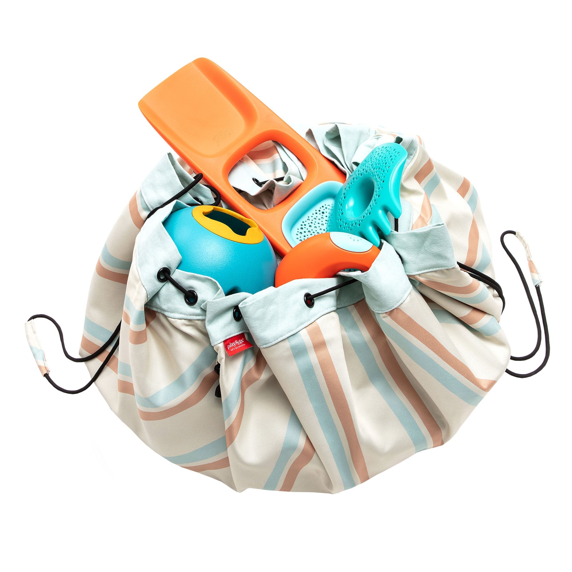 Play&Go outdoor storage bag and play mat, stripes, filled with beach toys