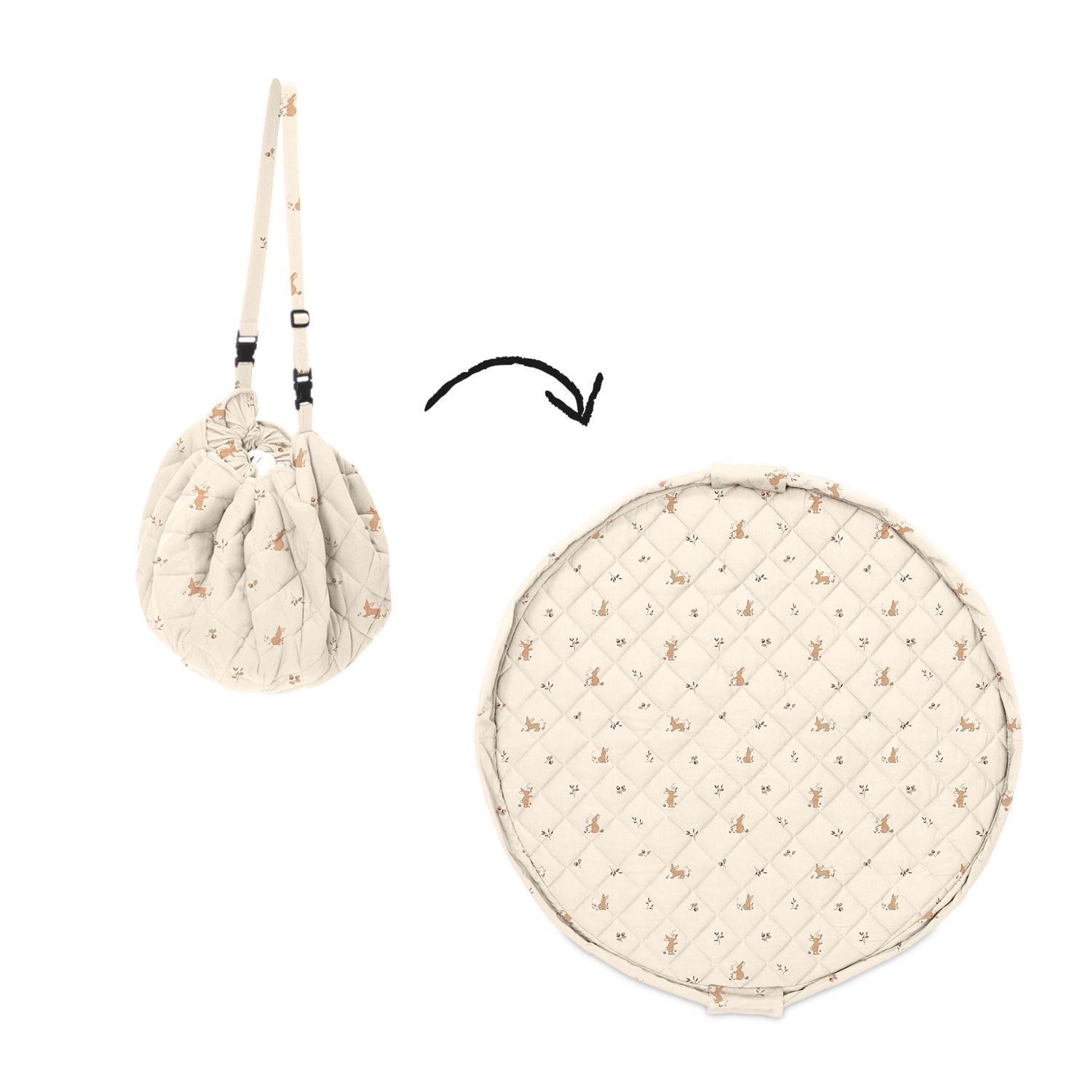 detail of soft organic rabbit babymat, from bag to mat
