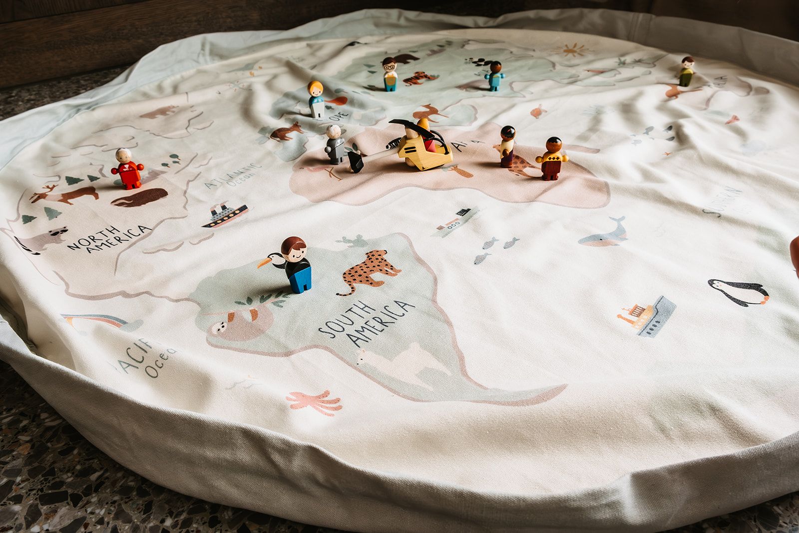 worldmap colors toy storage bag and playmat, open mat, wooden toys