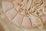 detail of bloom stripes brown babymat, open, wooden toys, blanket