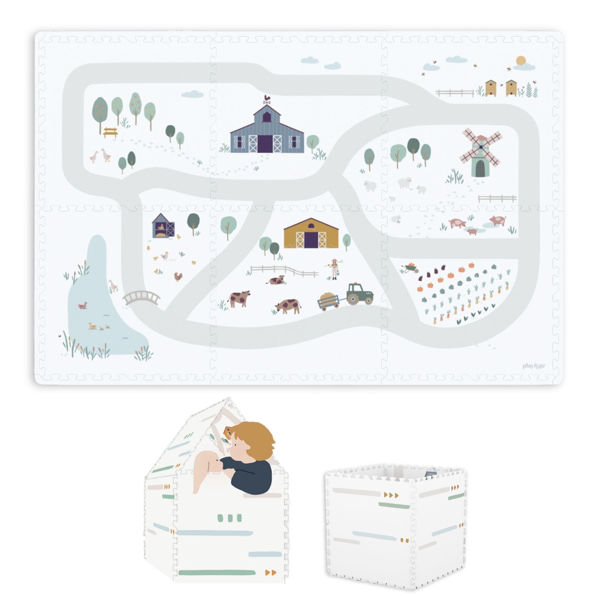 tapis puzzel, boîte de rangement & mini maison - ferme