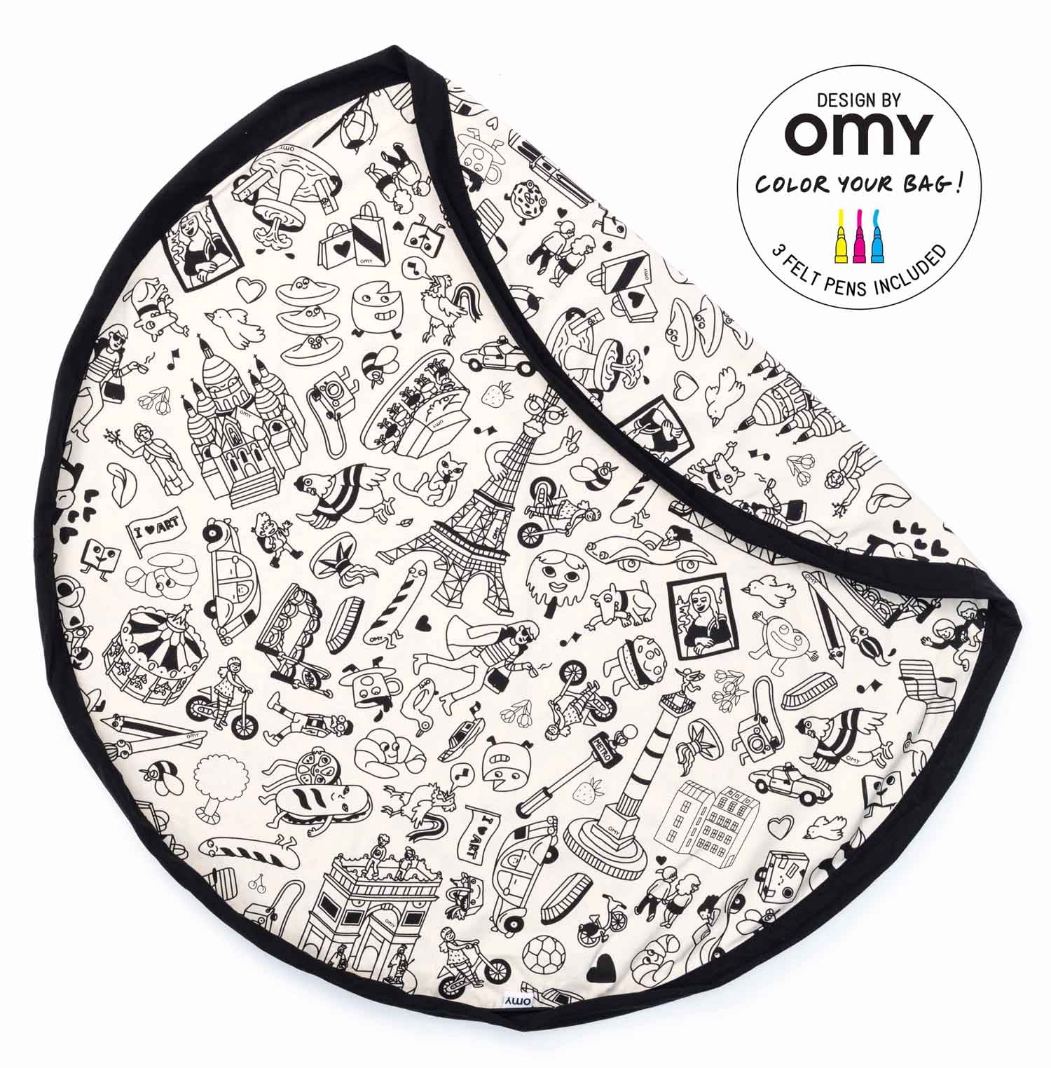 Play&Go storage bag and play mat, Omy Paris, folded piece, black figures