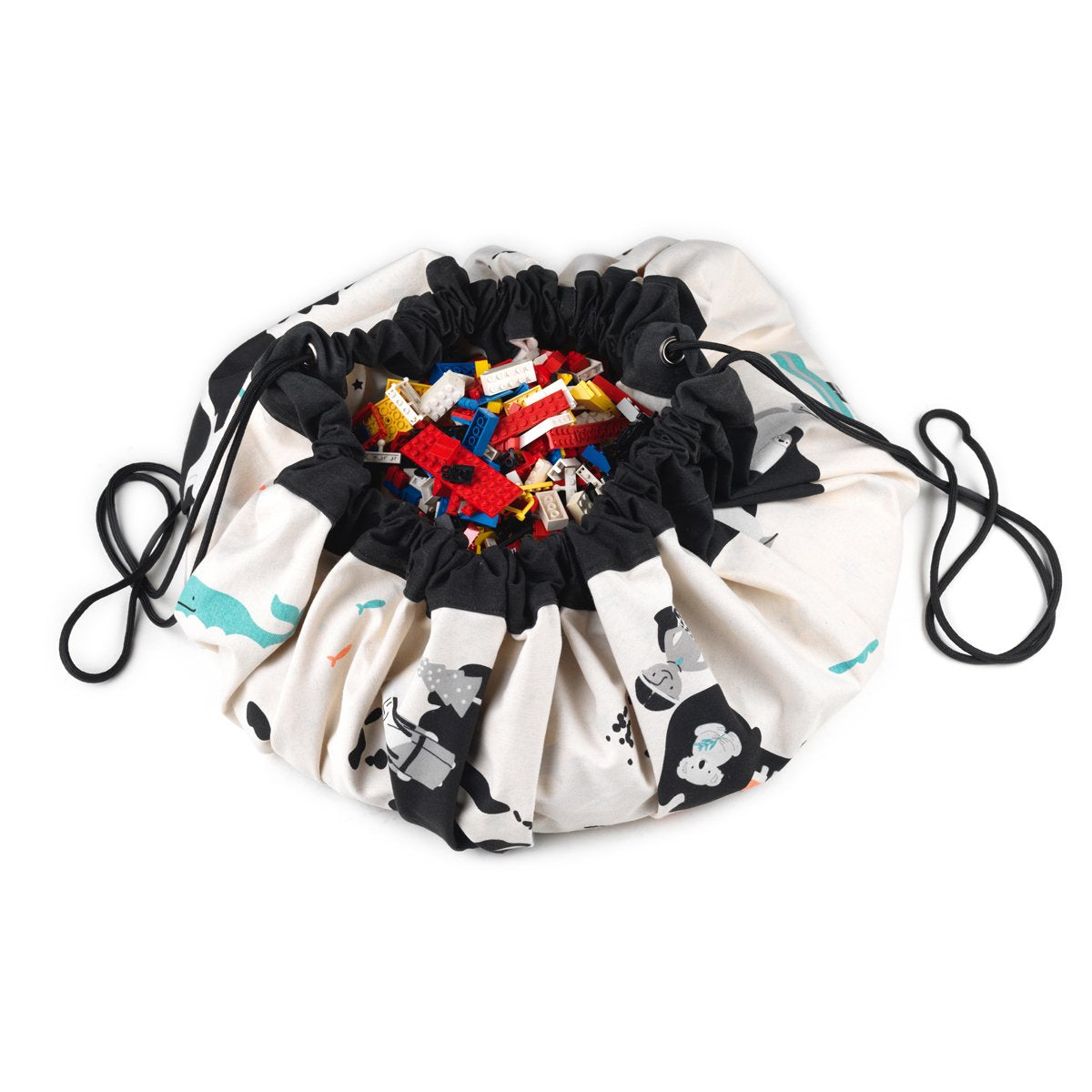 worldmap/stars toy storage bag, bag filled with lego