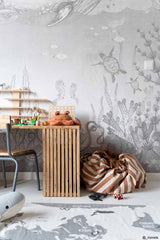Stripes Brown toy storage bag and play mat, bag on floor in kidsroom next to wooden desk