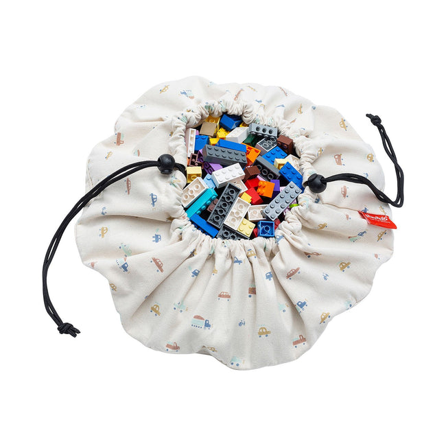 Mini cars toy storage bag, closed and filled with toys