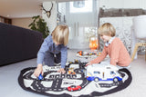 Play&Go roadmap/Thunderbolt Toy Storage Bag and play mat, kids playing on mat in kidsroom, lots oftoys